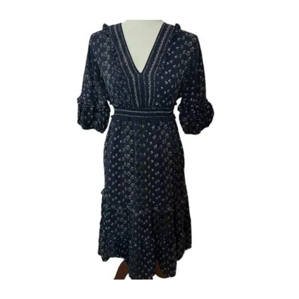 Max Studio Cottage Liberty Tiered Ruffle Midi Dress Sz Large in Blue Floral NWT